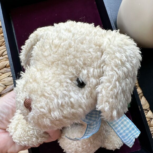 Vtg. Carters Tan Puppy Dog Bean Bag Terry Cloth Plush Blue Stripe Rattle Baby - Picture 2 of 7